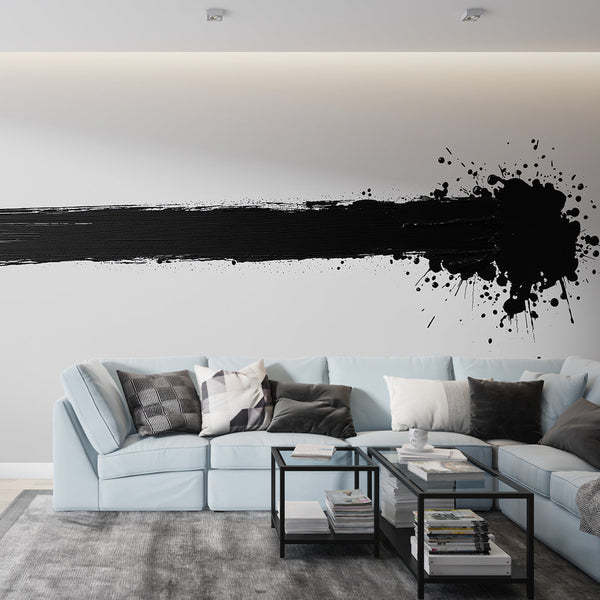 Paint Splatter Wallpaper | Black Streak Wall Mural on Pure White