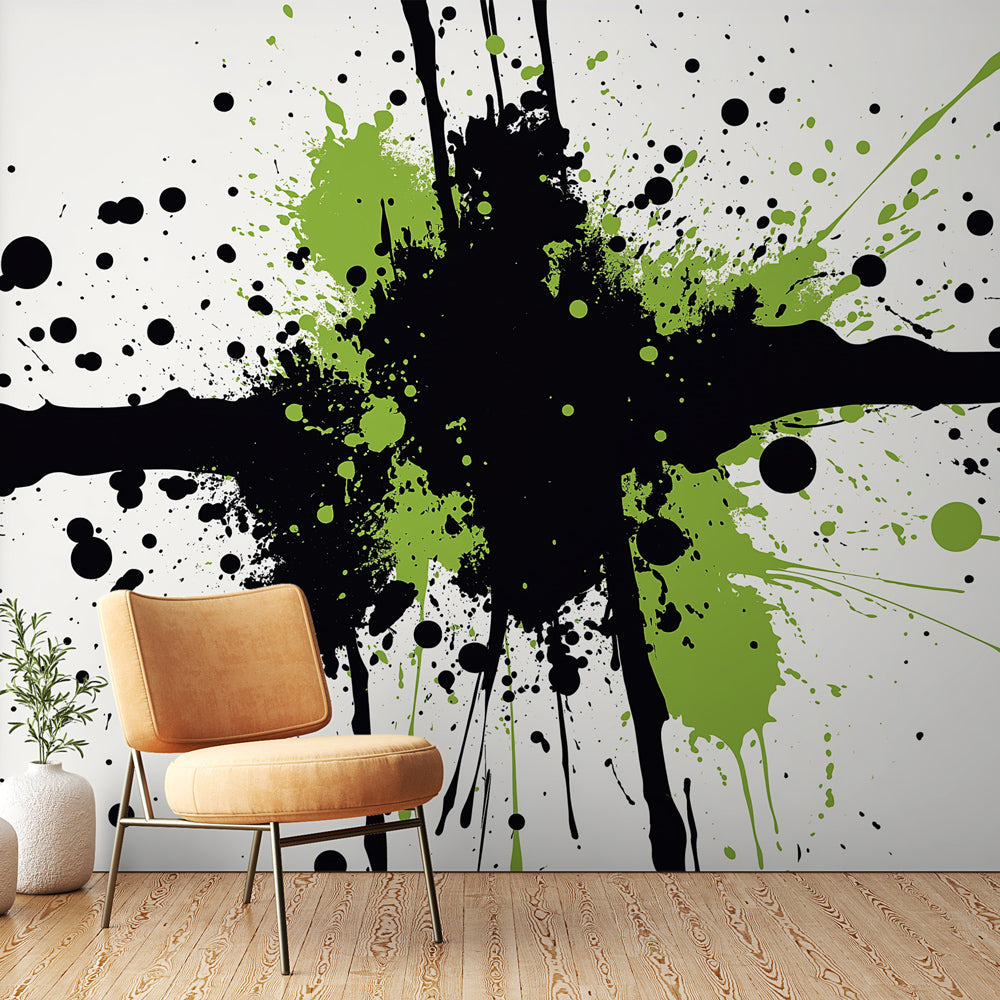 Splash Wallpaper | Black & Green Dynamic Spots on White Wall Mural