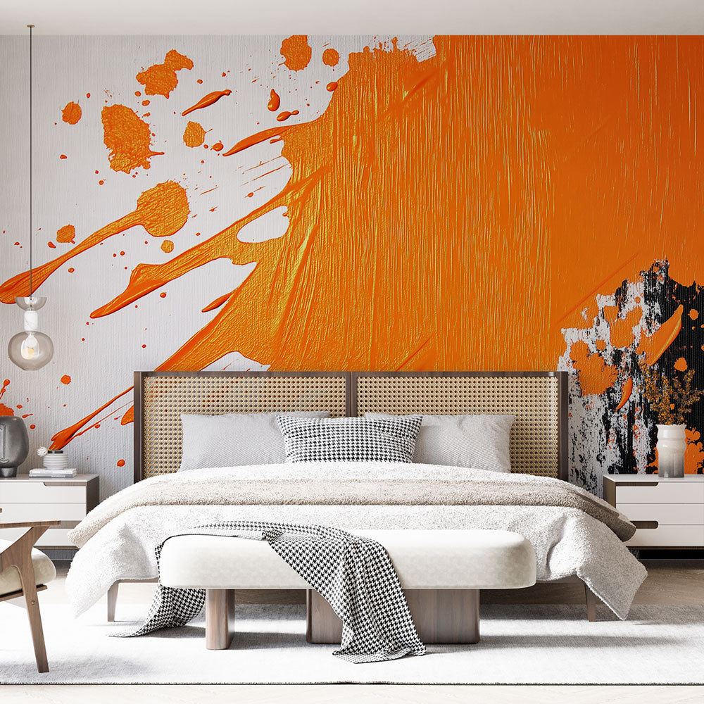 Paint Splash Wallpaper | Dynamic Orange Wall Mural on Black White