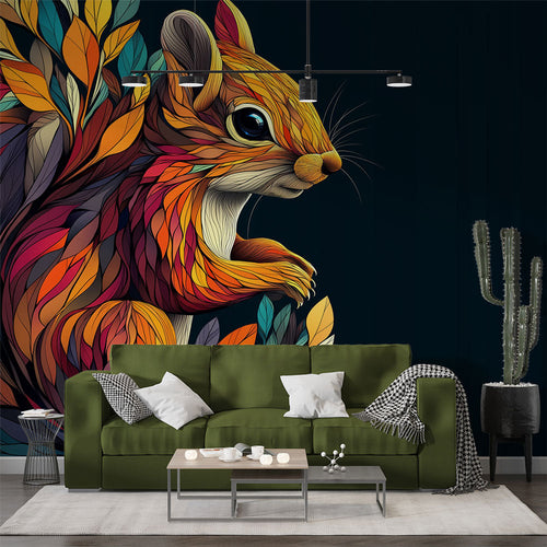 Artistic squirrel wallpaper surrounded by vibrant autumn leaves on dramatic dark background