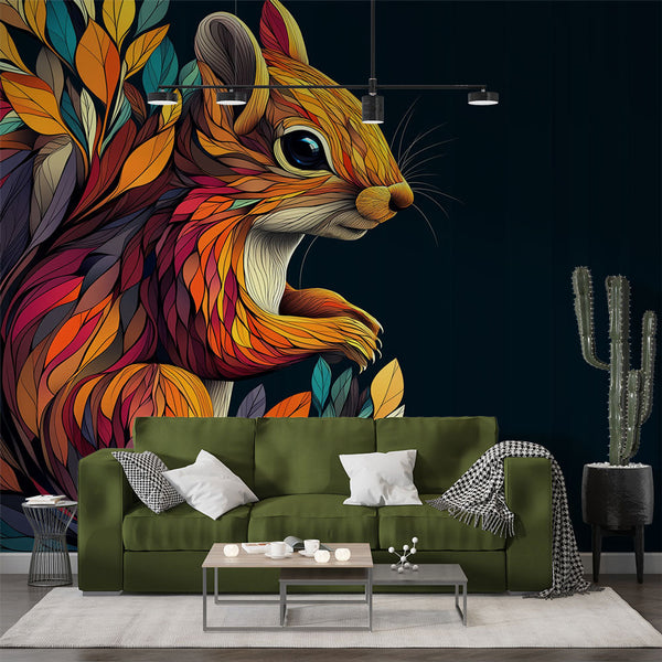 Artistic Squirrel Wallpaper | Colourful Foliage Wall Mural