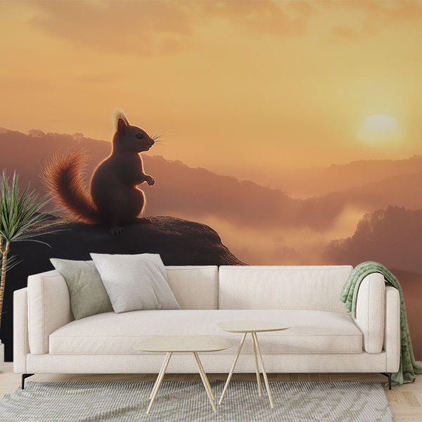 Sunset Squirrel Wallpaper | Misty Golden Landscape Mural