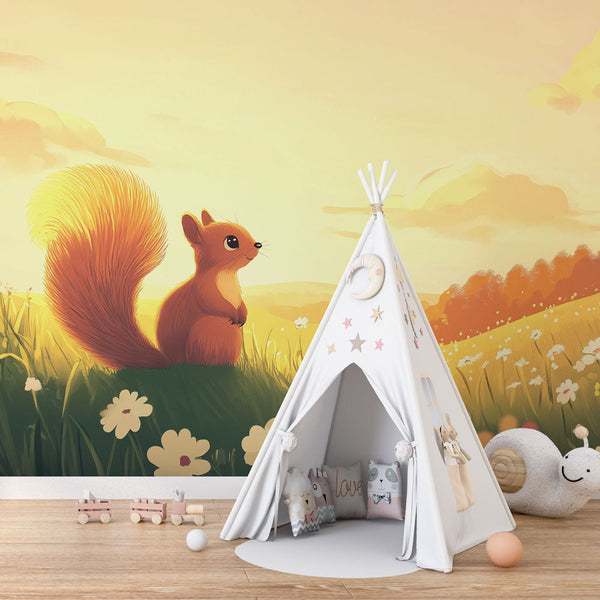 Sunset Squirrel Wallpaper | Colourful Field Wall Mural