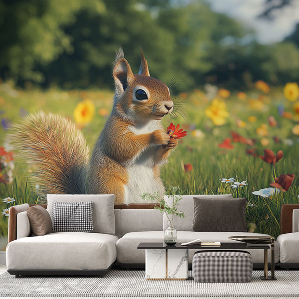 Floral Squirrel Wallpaper | Squirrel with Flower Wall Mural