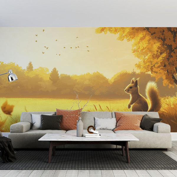Golden Squirrel Wallpaper | Sunlit Autumn Landscape Wall Mural