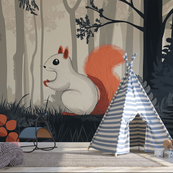 Squirrel Wallpaper | White and Orange Forest Wall Mural