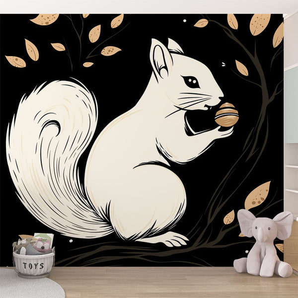 White Squirrel Wallpaper | Black Background Gold Foliage Wall Mural