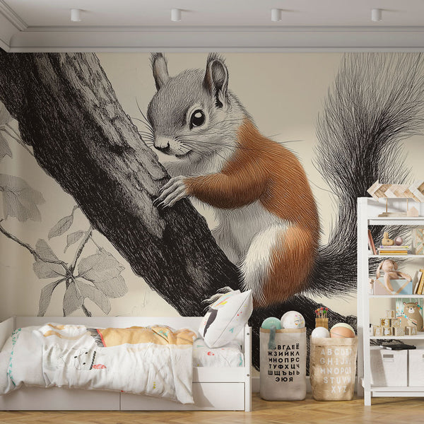 Squirrel Wallpaper | Elegant Branch with Delicate Foliage Mural