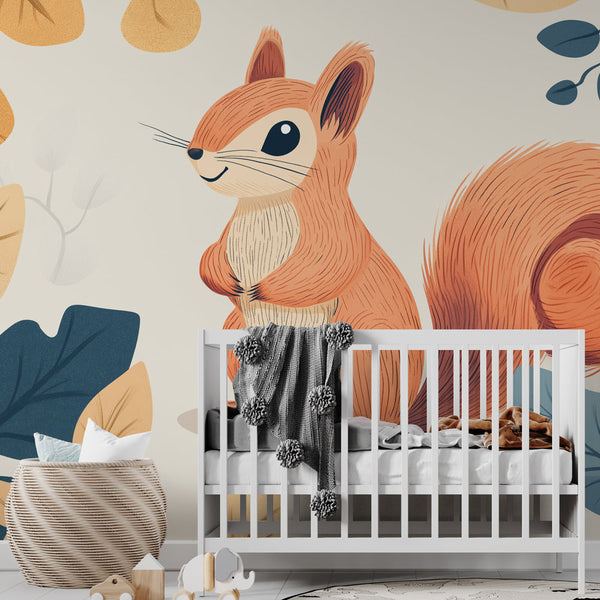 Squirrel Wallpaper | Playful Critter with Colourful Leaves Mural