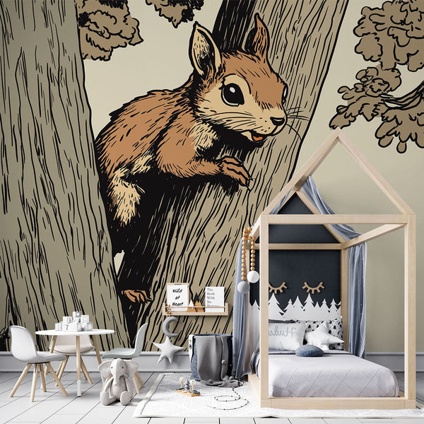 Illustrated Squirrel Wallpaper | Warm Natural Background Wall Mural