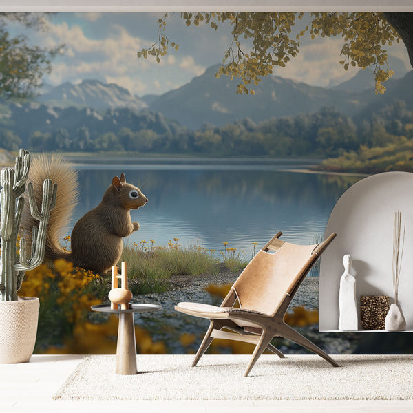 Squirrel Wallpaper | Squirrel by Lake with Flowers Wall Mural