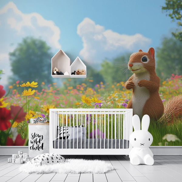 Squirrel Wallpaper | Cute Squirrel in Floral Field Wall Mural