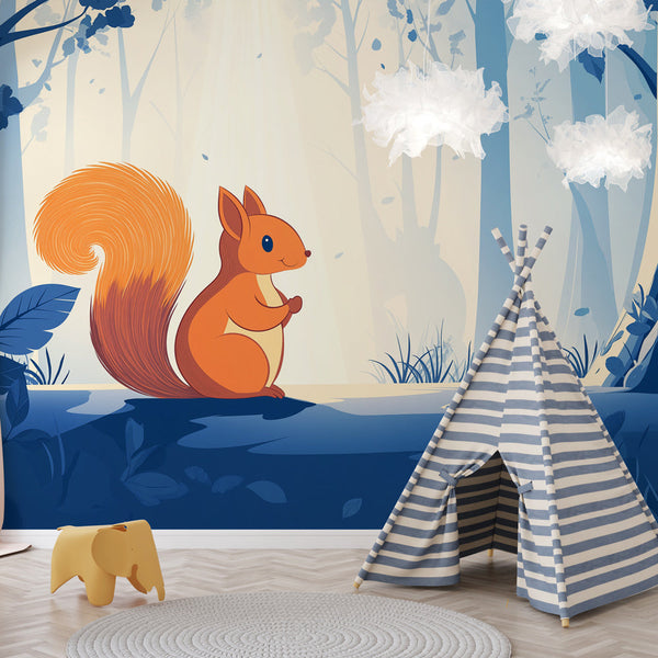 Squirrel Wallpaper | Cute Critter in Stylised Forest Mural