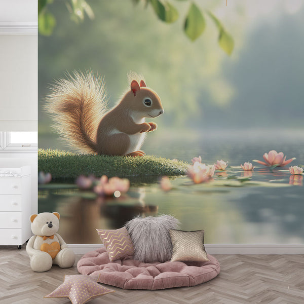 Squirrel Wallpaper | Squirrel on Shore with Lotus Wall Mural