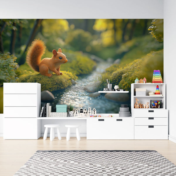 Squirrel Wallpaper | Cute Squirrel on Rock Lush Forest Wall Mural