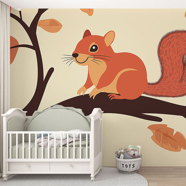 Smiling Squirrel Wallpaper | Branch Autumn Leaves Wall Mural