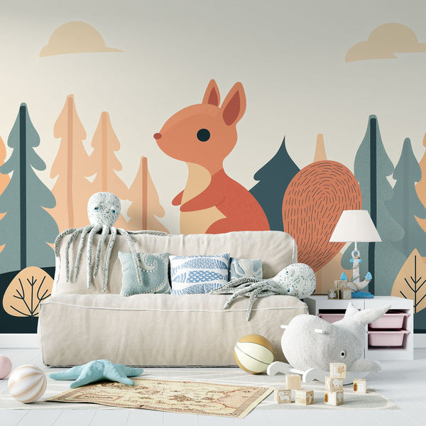 Squirrel Wallpaper | Nordic Forest Stylised Wall Mural