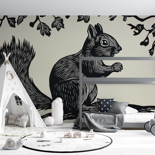 Stylised Squirrel Wallpaper | Branch with Foliage Wall Mural
