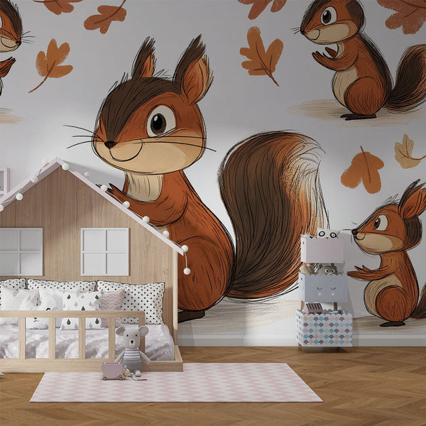 Sweet Squirrels Wallpaper | Cute Squirrels with Autumn Leaves Mural
