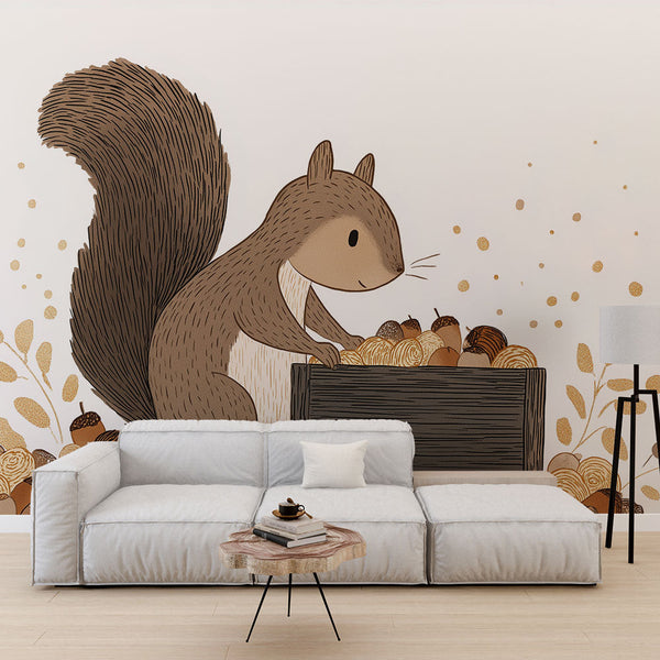 Squirrel and Acorns Wallpaper | Golden Autumn Mural
