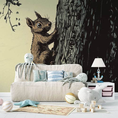 Artistic squirrel climbing tree painterly illustration wallpaper mural
