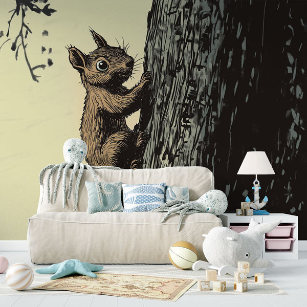 Artistic Squirrel Wallpaper | Cute Squirrel Climbing Tree Wall Mural