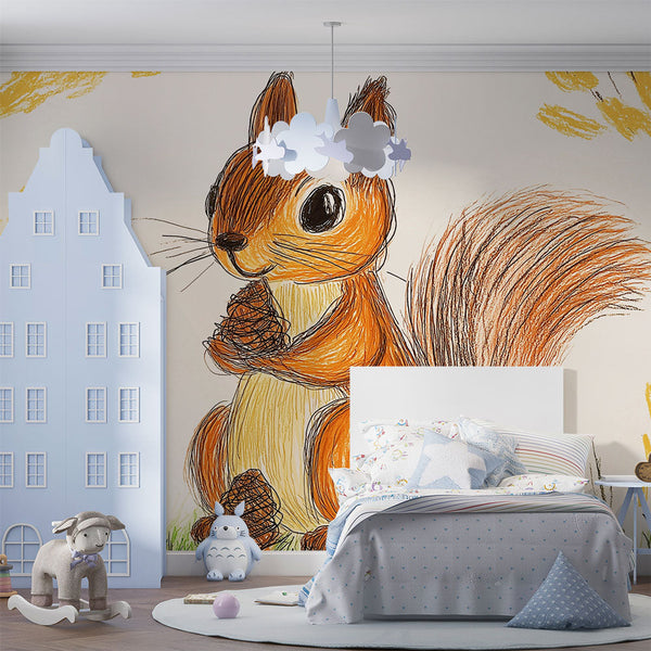 Squirrel Wallpaper | Cute Squirrel with Pine Cones Floral Wall Mural