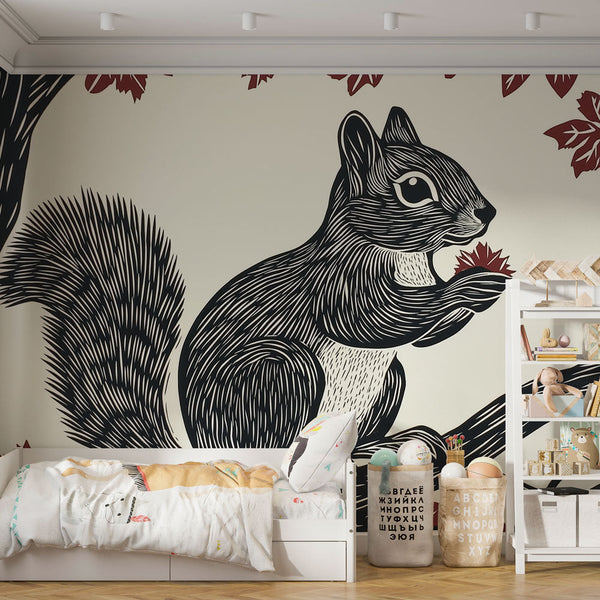Graphic Squirrel Wallpaper | Autumn Foliage Wall Mural