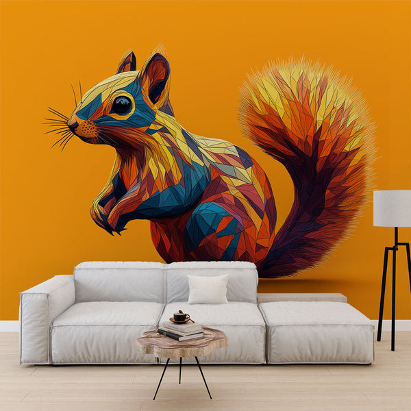 Geometric Squirrel Wallpaper | Orange Background Wall Mural