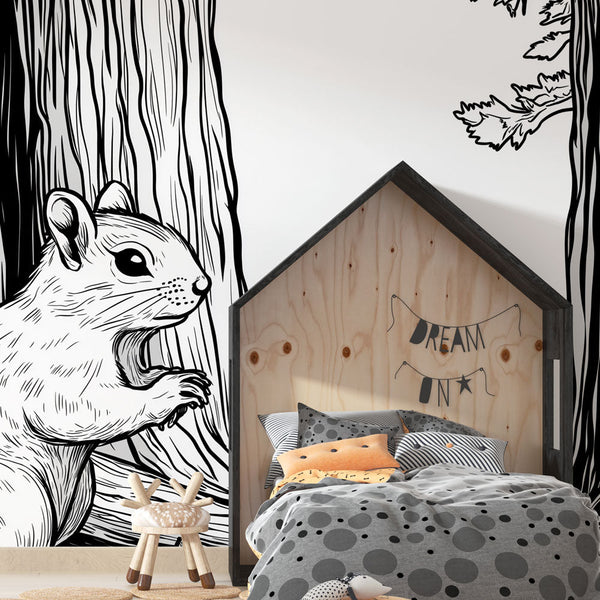 Monochrome Squirrel Wallpaper | Forest Squirrel Wall Mural