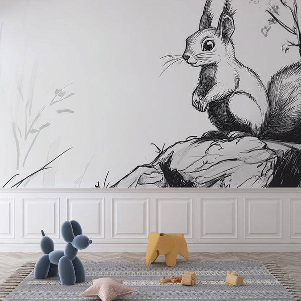 Monochrome Squirrel Wallpaper | Squirrel on Rock Wall Mural