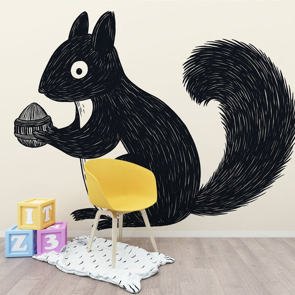 Black Squirrel Wallpaper | Stylised Squirrel Hazelnut Wall Mural