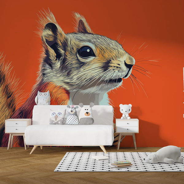 Vibrant Squirrel Wallpaper | Bold Squirrel on Orange Wall Mural