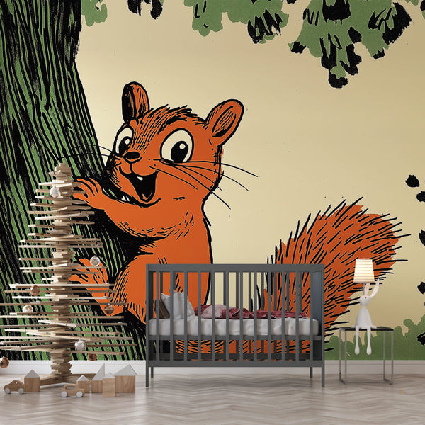 Playful Squirrel Wallpaper | Mischievous Pastel Wall Mural