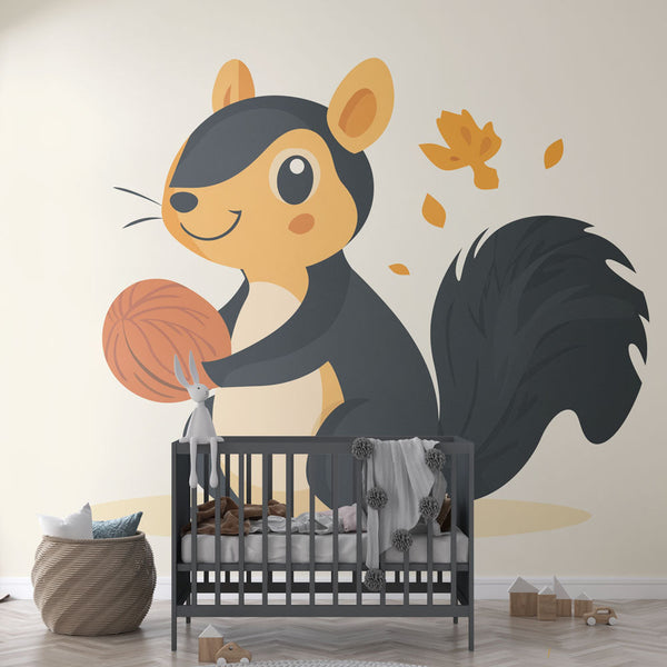 Cute Squirrel Wallpaper | Squirrel with Hazelnut Falling Leaves Mural