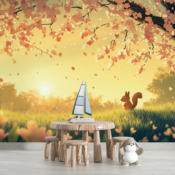 Cherry Blossom Squirrel Wallpaper | Sunset Tree Wall Mural