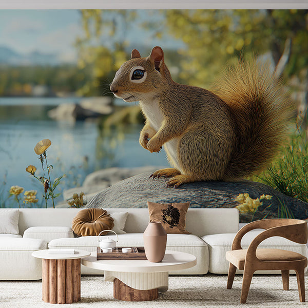 Playful Squirrel Wallpaper | Squirrel by Lake Lush Wall Mural