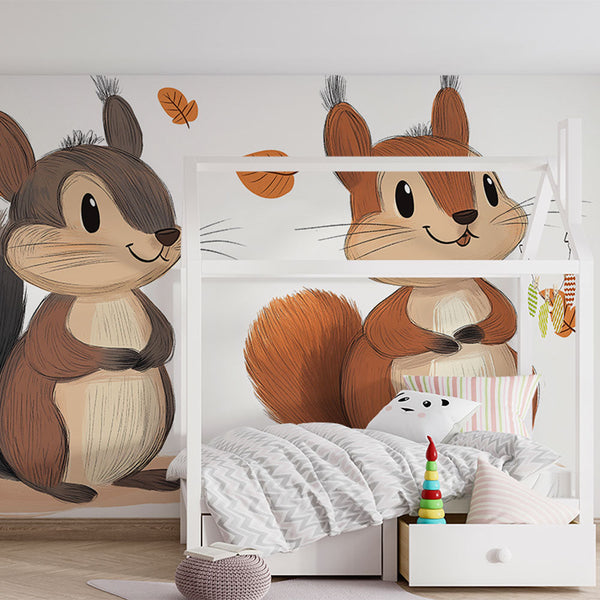 Twin Squirrels Wallpaper | Bright Autumn Leaves Wall Mural