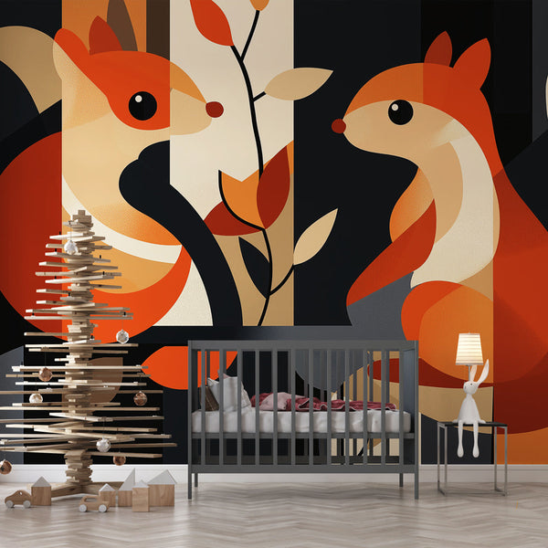 Squirrels Wallpaper | Modern Graphic Foliage Wall Mural