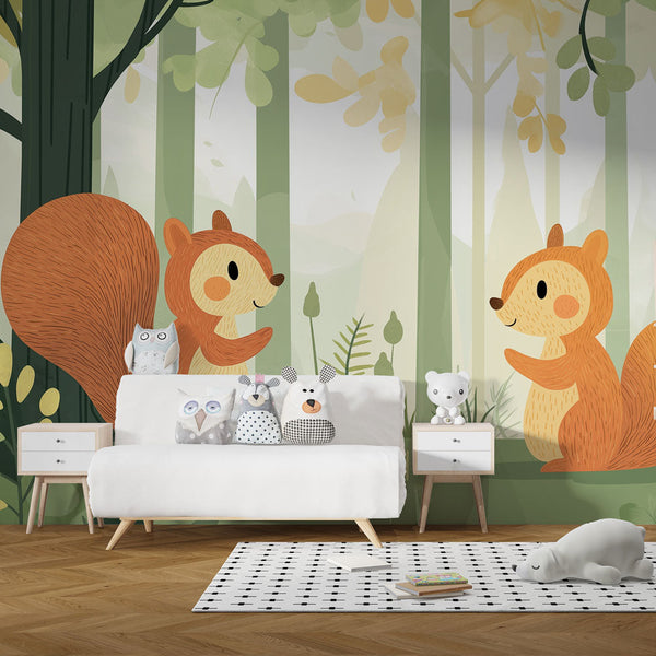 Squirrels Wallpaper | Playful Forest Duo Wall Mural