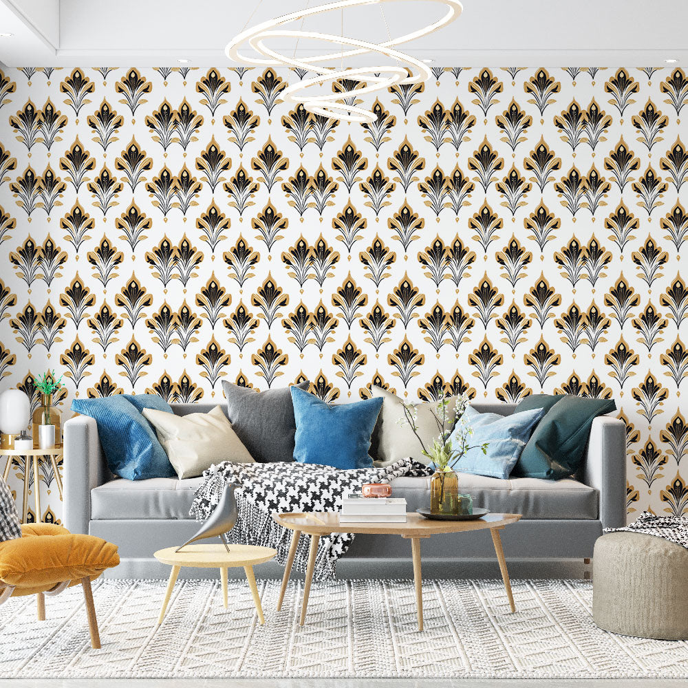 Elegant Black & Gold Floral Wallpaper on White