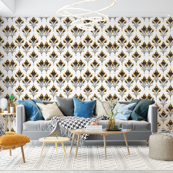 Elegant Black & Gold Floral Wallpaper on White