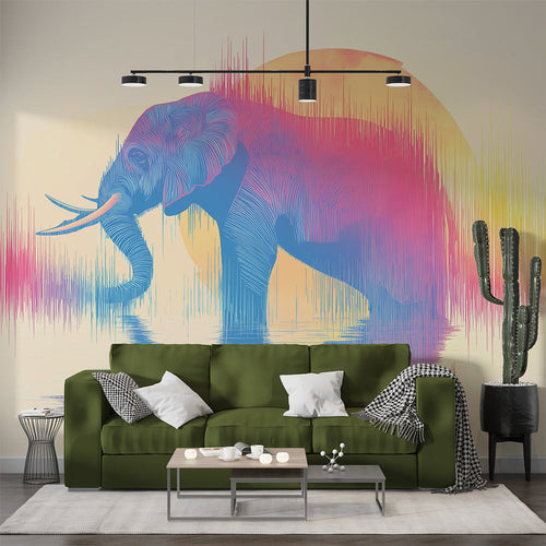 Artistic wallpaper with a line-drawn elephant and colorful pink and blue reflections