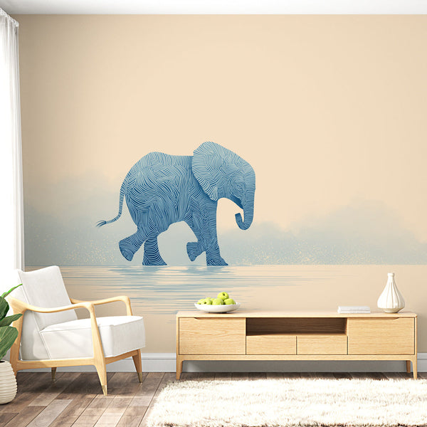 Elephant Wallpaper | Blue Line-Art Elephant on a Soft Ground