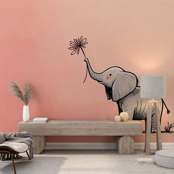 Elephant With a Flower Wallpaper | Soft Pink Nursery Mural