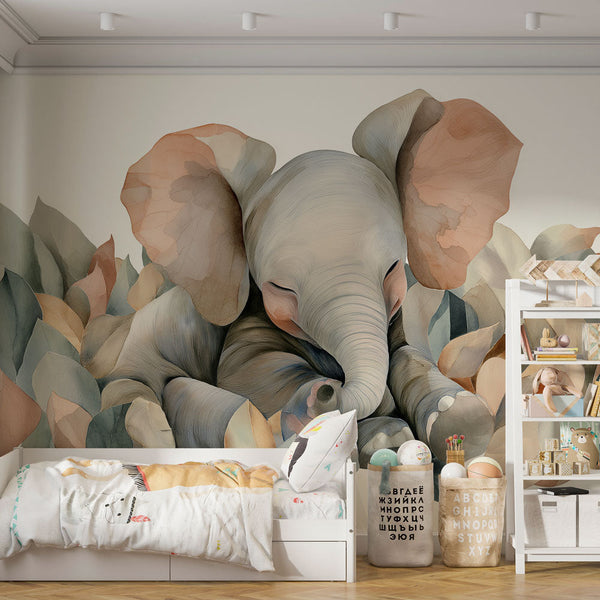 Elephant Wallpaper | Sleeping Elephant Among Pastel Leaves