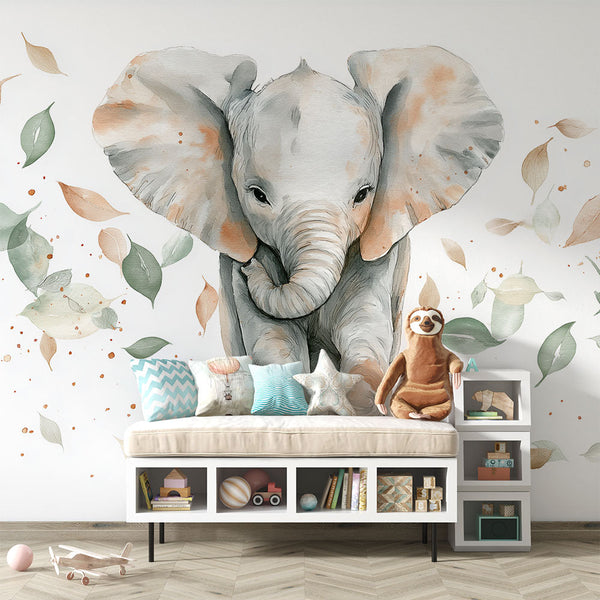 Elephant Wallpaper | Watercolor Elephant and Colorful Leaves