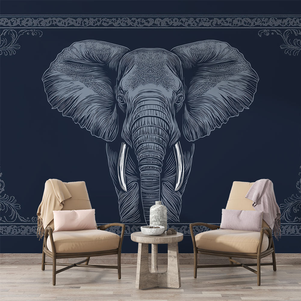 Elephant Wallpaper | Graphic Design on Night Blue Wall Mural