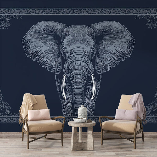 Elephant Wallpaper | Graphic Design on Night Blue Wall Mural