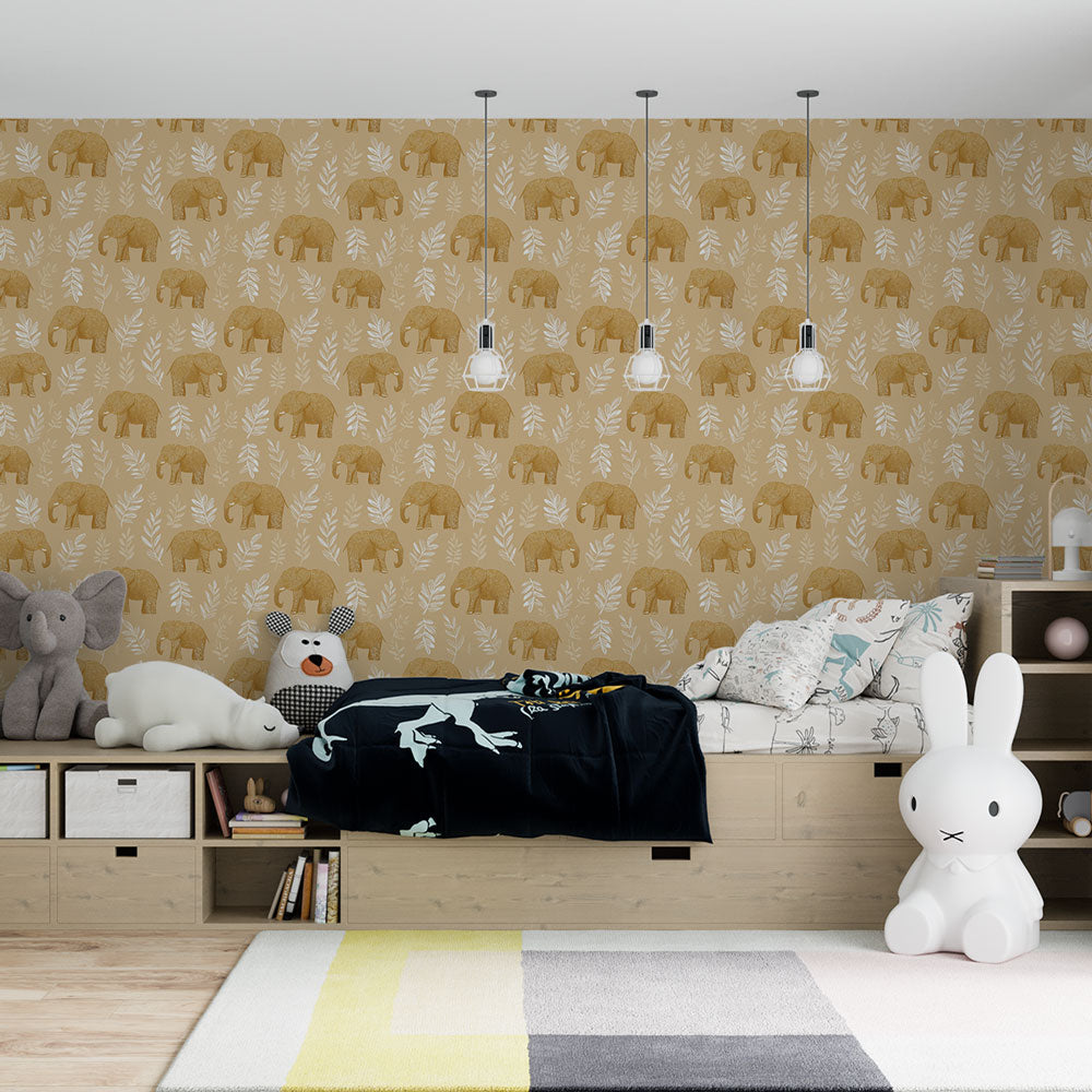 Elephant Wallpaper | Beige and White Leaf Wall Mural